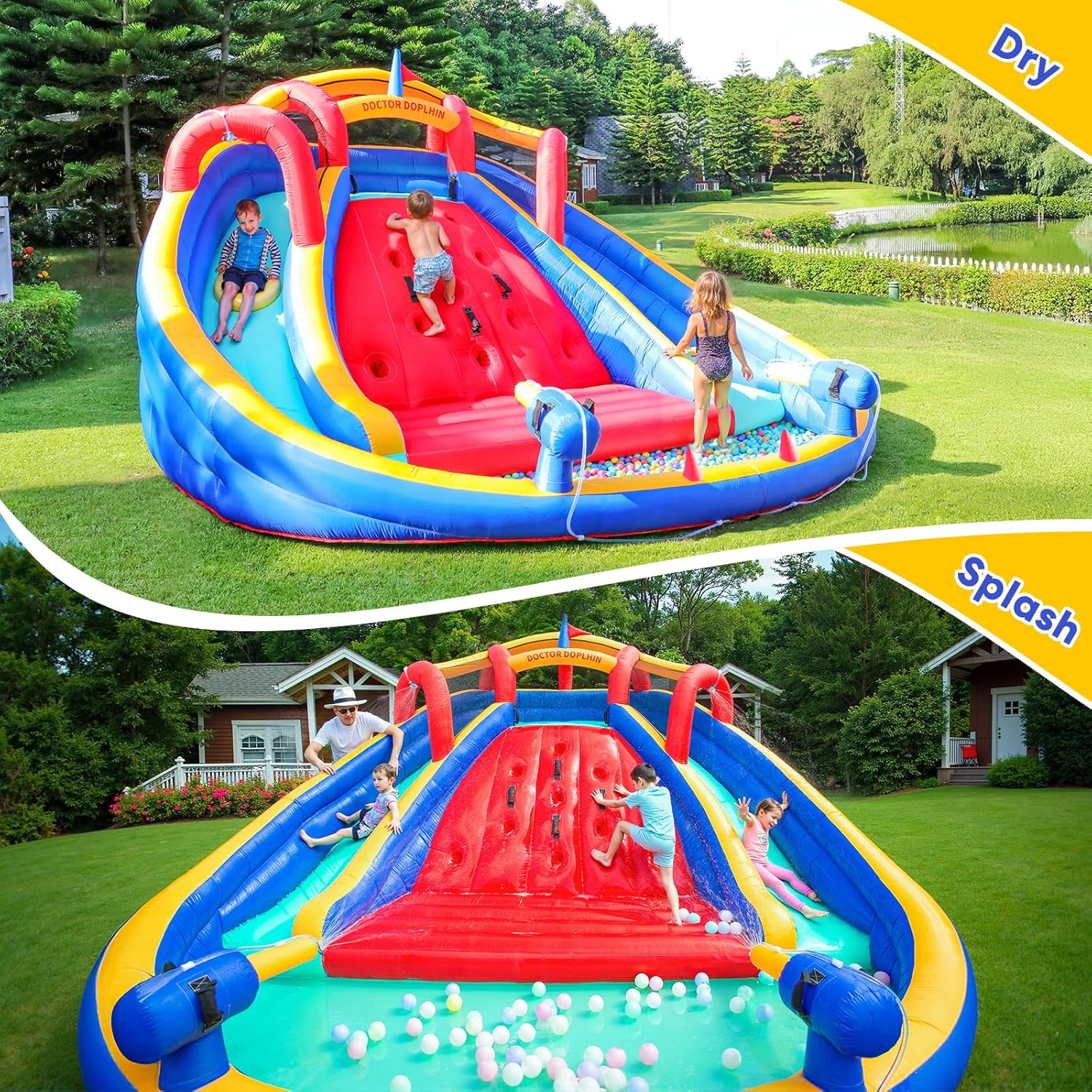 Inflatable Water Double Slides Park, Bounce House with Splash Pool, Large Blow Up Water Slide for Kids with Climbing Wall, Durable Design Backyard Play Park, Quick Setup (Dry/Wet Use) - Image 3