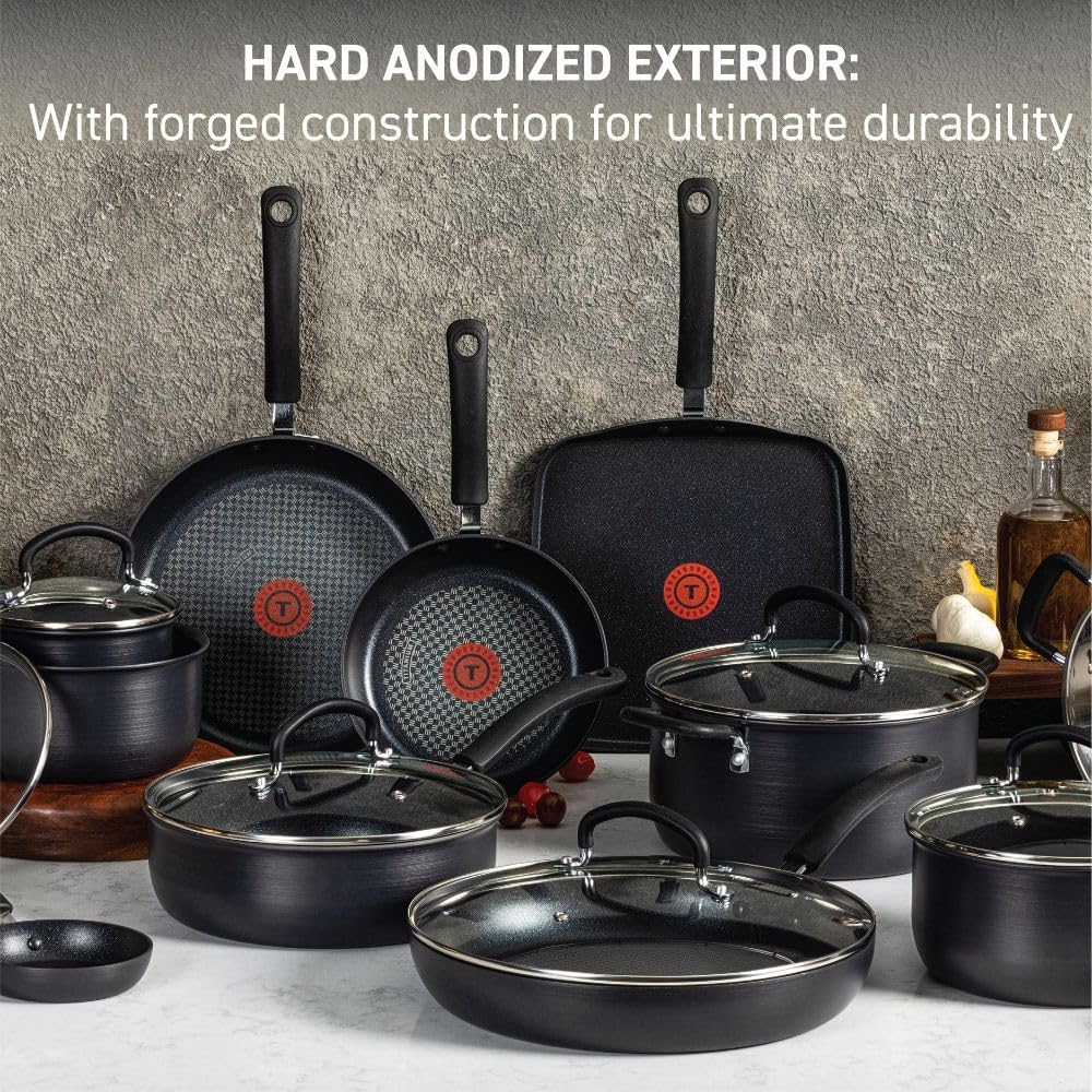 T-Fal Ultimate Hard Anodized Nonstick Cookware Set 17 Piece, Nonstick Pots and Pans Set with Fry Pan, Saucepans, Saute-Pan, Griddle, Dishwasher Safe, Black - Image 3