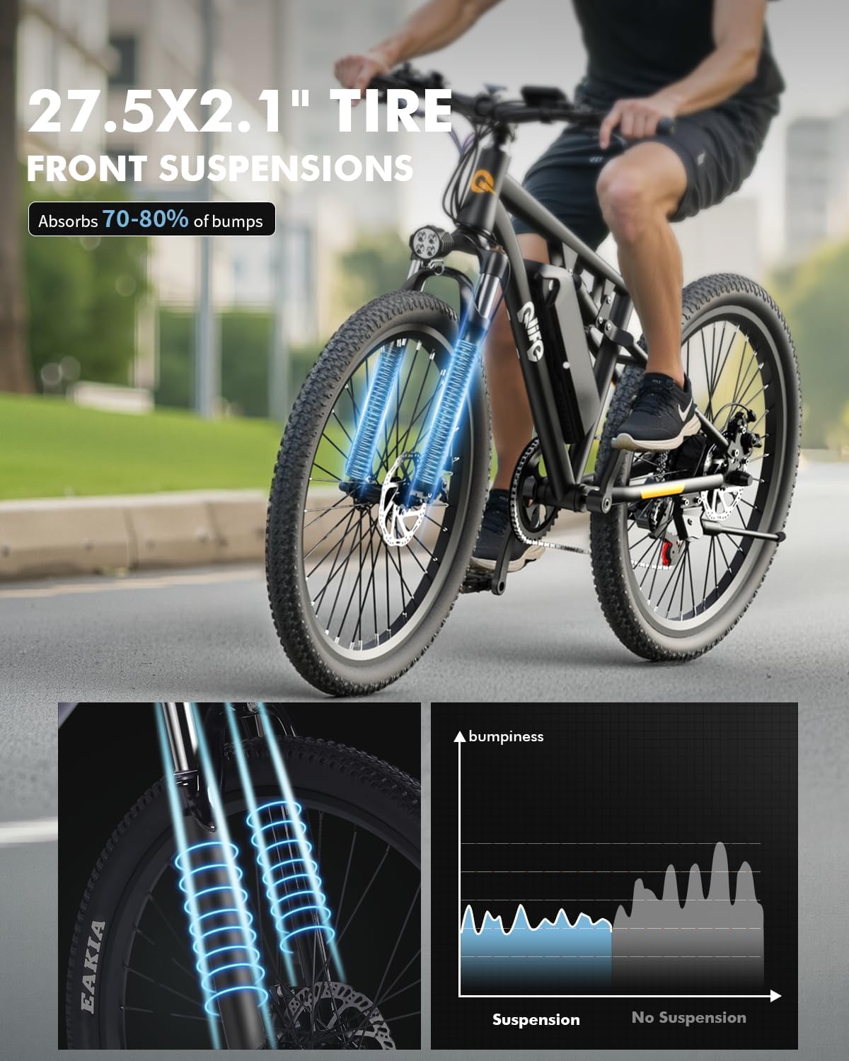 Qlife Racer27.5 Ultra Electric Bike for Adults, 21-Speed 28MPH Adult Electric Bicycles Peak 1200W, Up to 55 Miles, 48V 10.4Ah Removable Battery, Dual Suspension, 27.5" Tire Mountain Ebike - Image 3