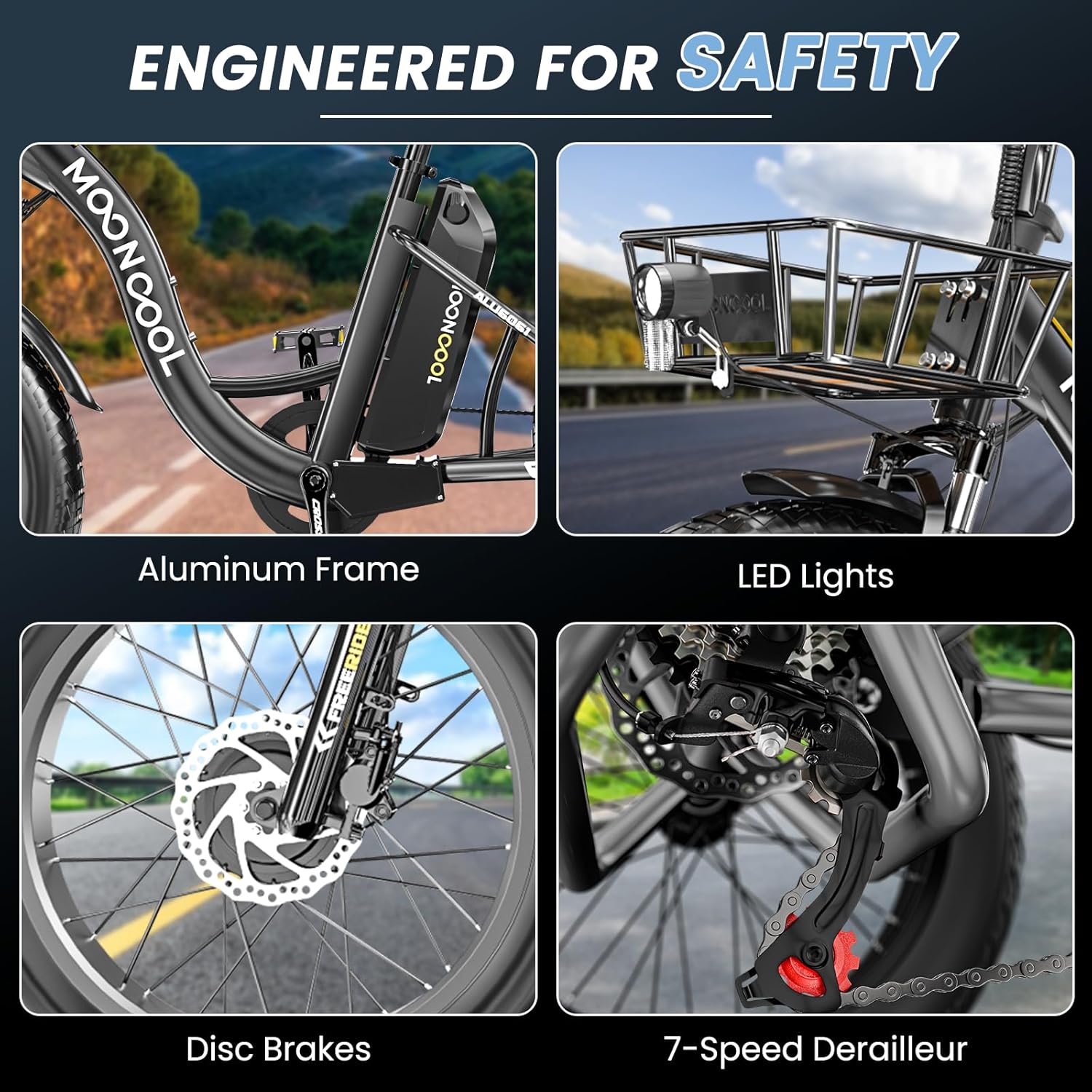 MOONCOOL Electric Tricycle for Adults, 20" x 4" Fat Tire Electric Trike, 48V 500W Motorized Electric Bicycle Bikes, 3 Wheels 7 Speed Ebike with Removable Battery, Aluminum Frame & Large Basket - Image 4