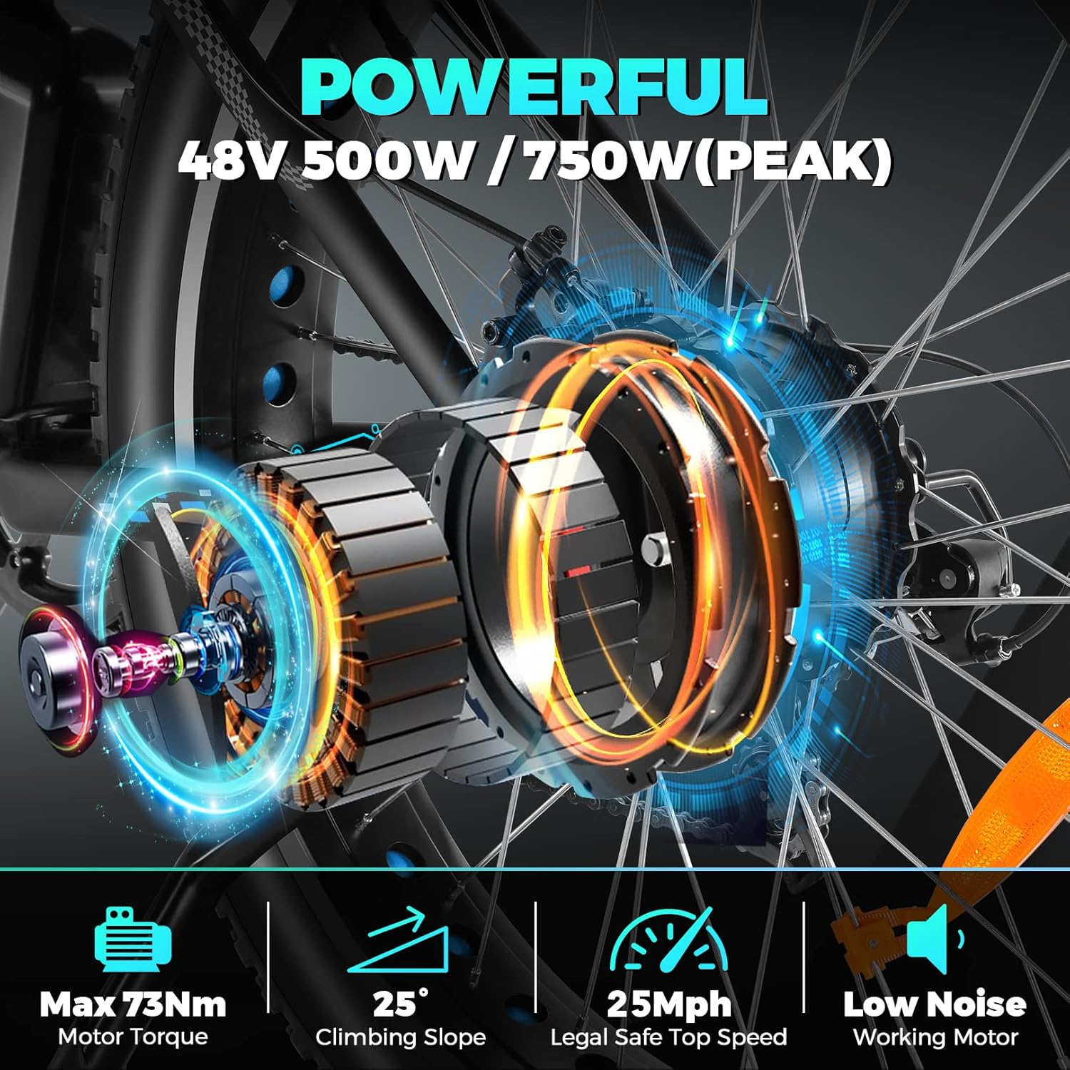 Speedrid Electric Bike 26" Fat Tire Electric Bike for Adult, 25mph Peak 750W 48V 10.4/ 13Ah Removable Battery Electric Mountain Bike, Commuting Off Road Ebike 7 Speed & Front Suspension Fast Charge - Image 4