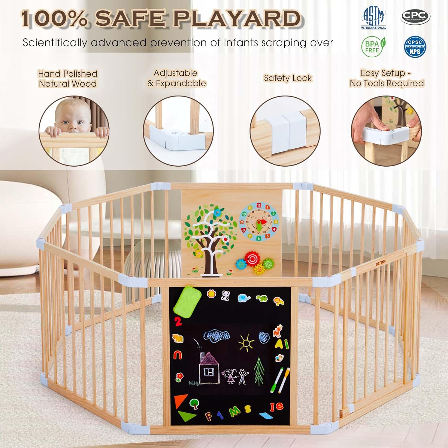 All-in-one Wood Baby Playpen with Door, Adjustable Wooden Play Fence with Magnetic Dual-Sided Chalkboard, Whiteboard & Montessori Activity Toys, Expandable Activity Center Safe Playard for Babies 3M+ - Image 4