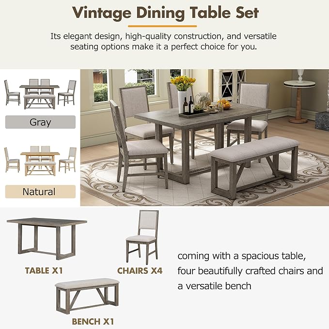 Merax Farmhouse Wooden Dining Set of 6, 59.6 inch Kitchen Table with Trestle Base, 4 Upholstered Chairs and 1 Bench, Easy Assemble Gray - Image 4