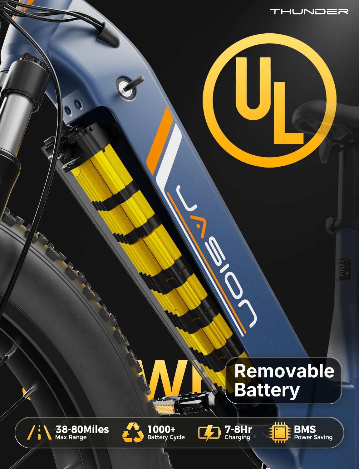 Jasion Thunder Electric Bike, 1500W Peak Motor, 30+MPH Max Speed & 80 Miles with 864Wh Removable Battery, APP Control Ebike for Adults, Hydraulic Brakes, Front Suspension, 26'' x 4'' Fat Tire Bicycles - Image 4