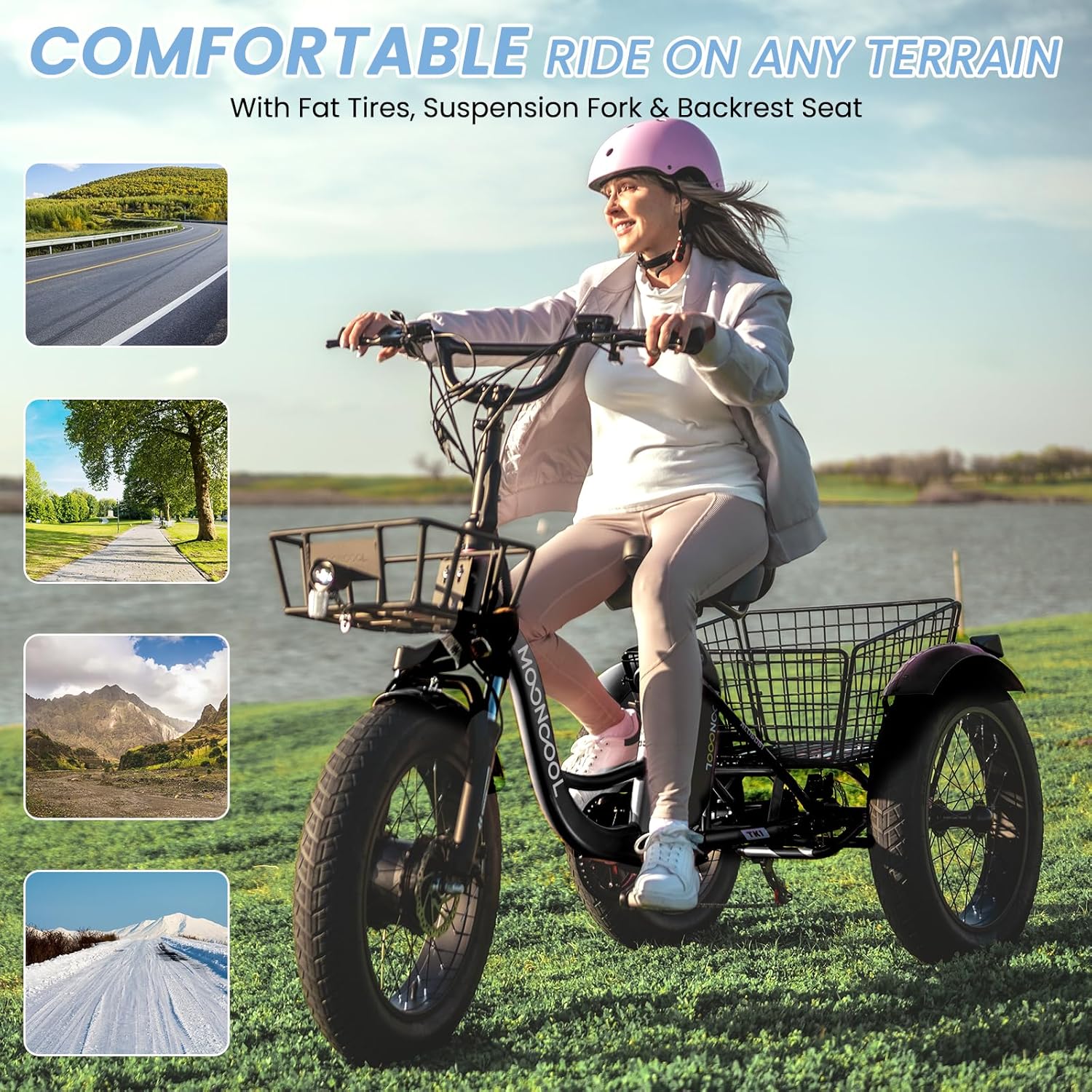 MOONCOOL Electric Tricycle for Adults, 20" x 4" Fat Tire Electric Trike, 48V 500W Motorized Electric Bicycle Bikes, 3 Wheels 7 Speed Ebike with Removable Battery, Aluminum Frame & Large Basket - Image 5