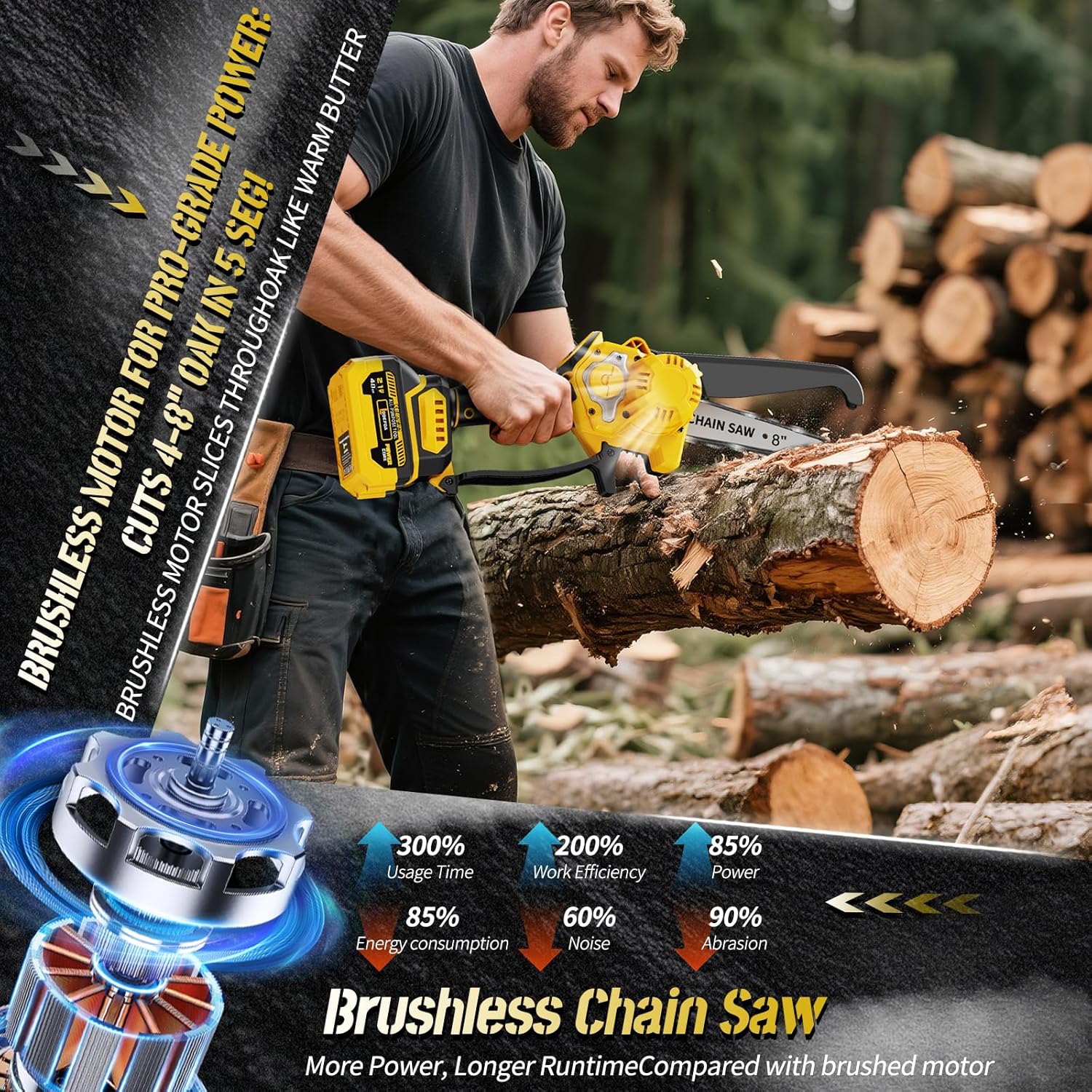 3-in-1 Electric Pole Saws for Tree Trimming, 8"&6" Mini Chainsaw with Extension Pole Total Reach of Max 15.58ft, 1000W Brushless Motor, Cordless Pole Saw Auto Oiling, 2×4.0Ah Battery, for Wood Cutting - Image 5