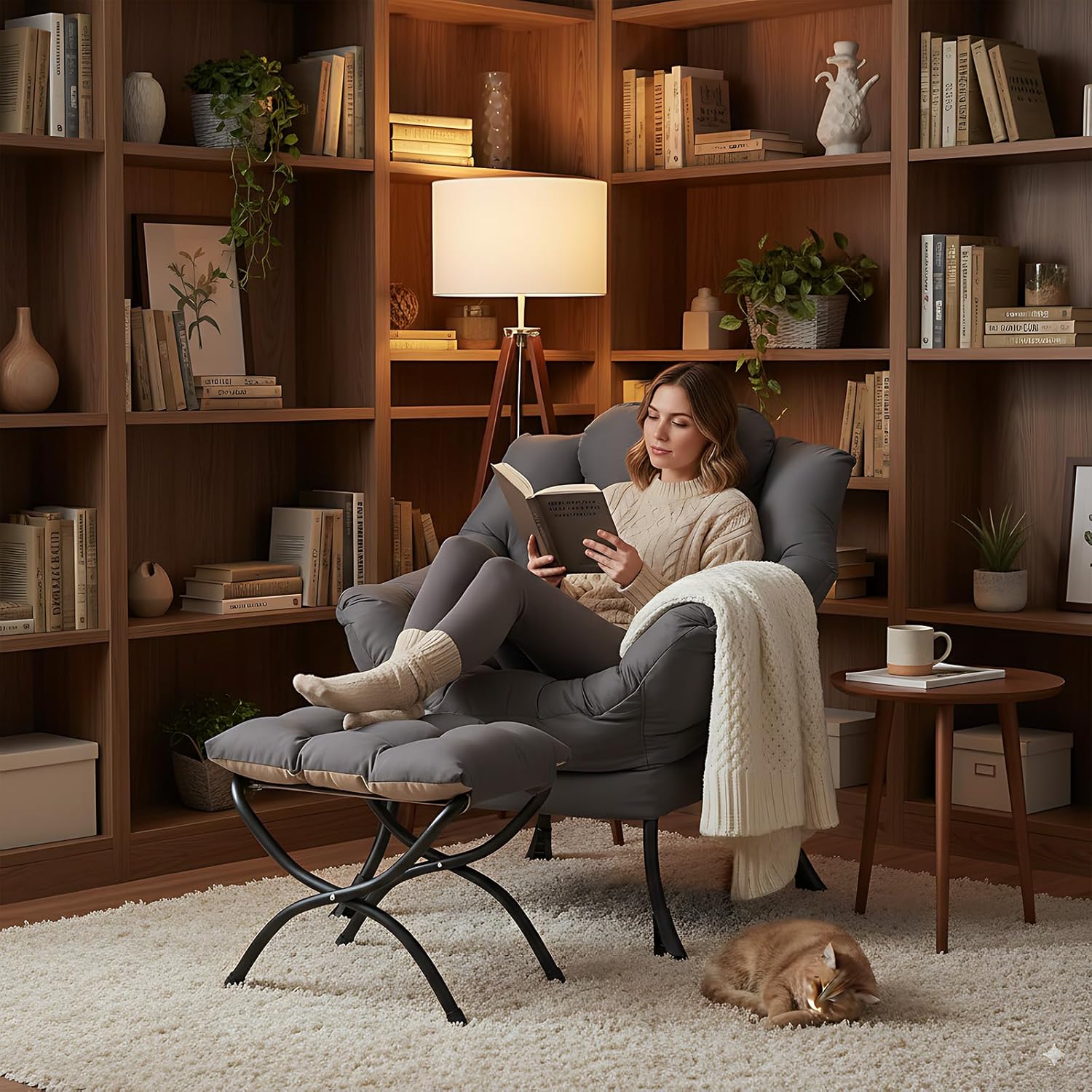 LITA Lazy Chair with Ottoman, Modern Accent Leisure Upholstered Lazy Sofa Armchair, Contemporary Lounge Reading Chair with Armrests and a Side Pocket for Living Room, Bedroom & Small Space, Dark Grey - Image 5