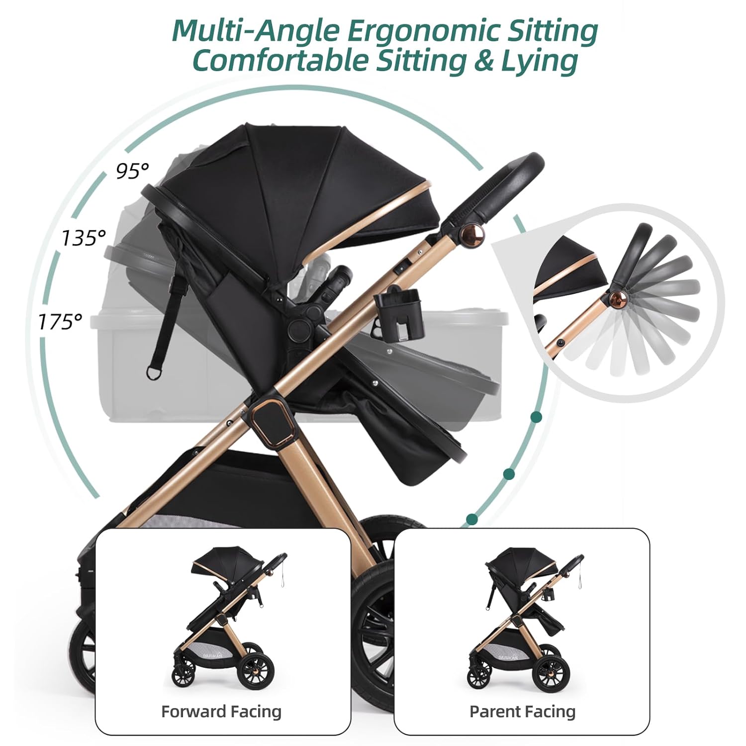 6-in-1 Convertible Baby Stroller with Bassinet Pushchair - Folding Infant Newborn Stroller w/Footmuff, Rain Cover, Cup Holder & Large Storage, Toddler w/All-Scene Large Wheels, Reversible Seat(Black) - Image 5