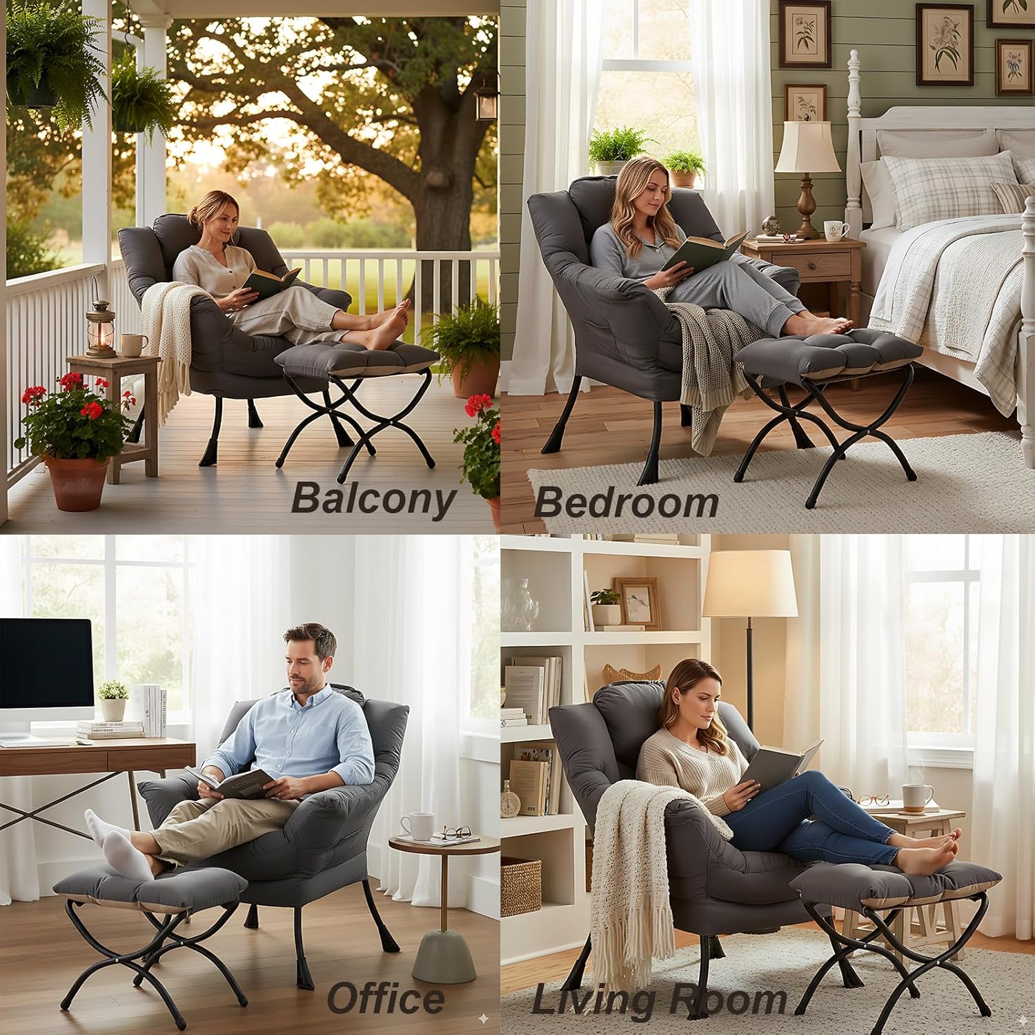 LITA Lazy Chair with Ottoman, Modern Accent Leisure Upholstered Lazy Sofa Armchair, Contemporary Lounge Reading Chair with Armrests and a Side Pocket for Living Room, Bedroom & Small Space, Dark Grey - Image 6