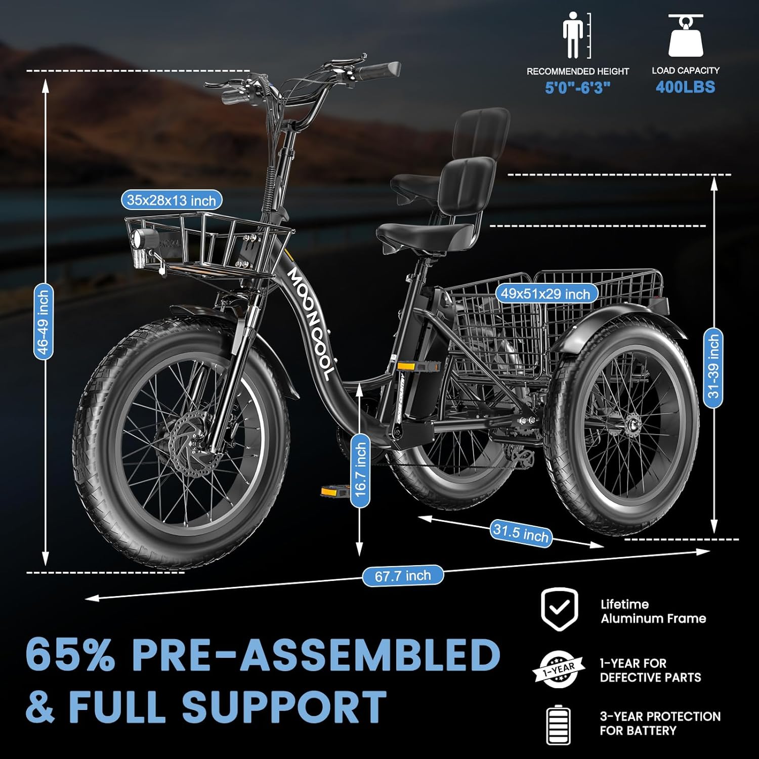 MOONCOOL Electric Tricycle for Adults, 20" x 4" Fat Tire Electric Trike, 48V 500W Motorized Electric Bicycle Bikes, 3 Wheels 7 Speed Ebike with Removable Battery, Aluminum Frame & Large Basket - Image 6