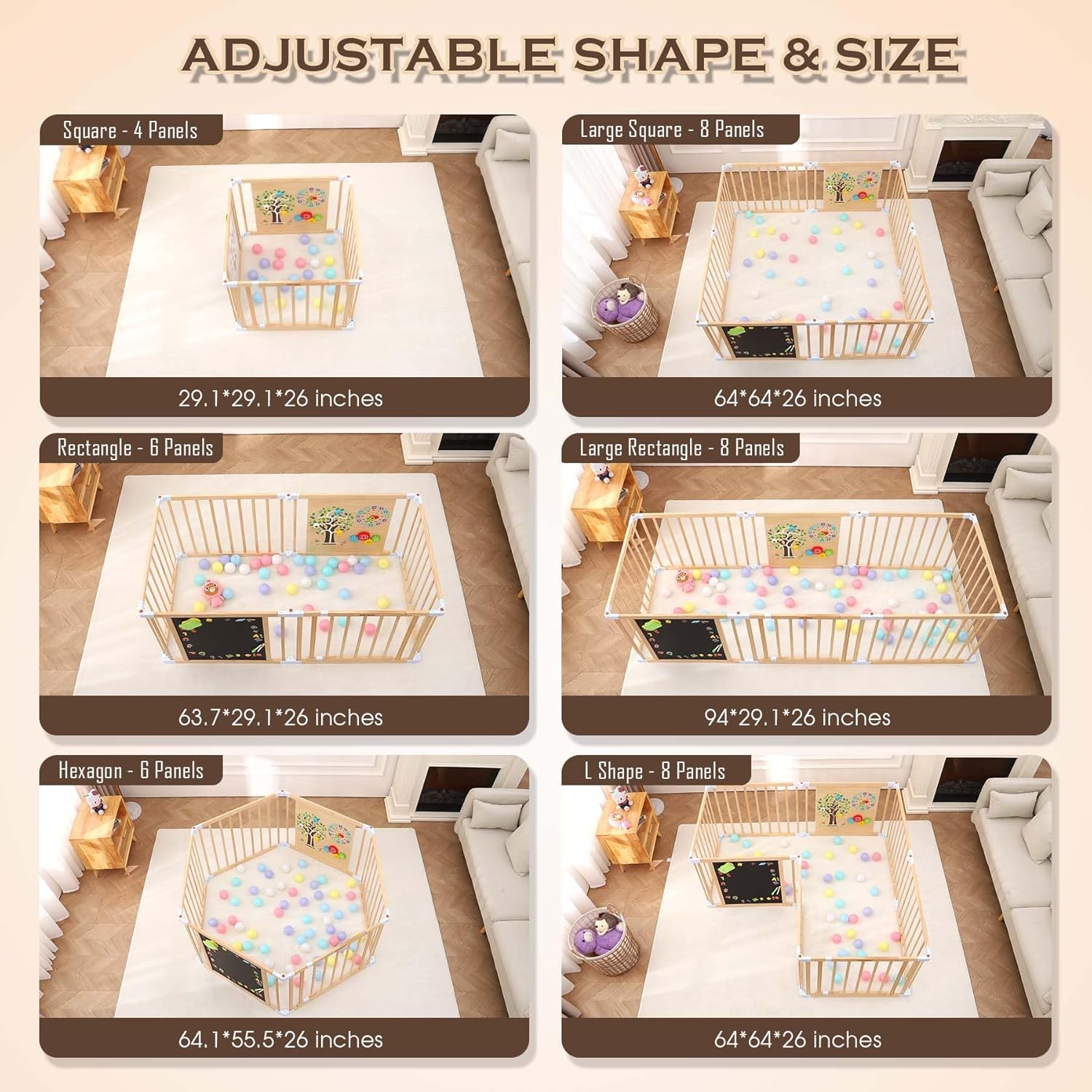 All-in-one Wood Baby Playpen with Door, Adjustable Wooden Play Fence with Magnetic Dual-Sided Chalkboard, Whiteboard & Montessori Activity Toys, Expandable Activity Center Safe Playard for Babies 3M+ - Image 6