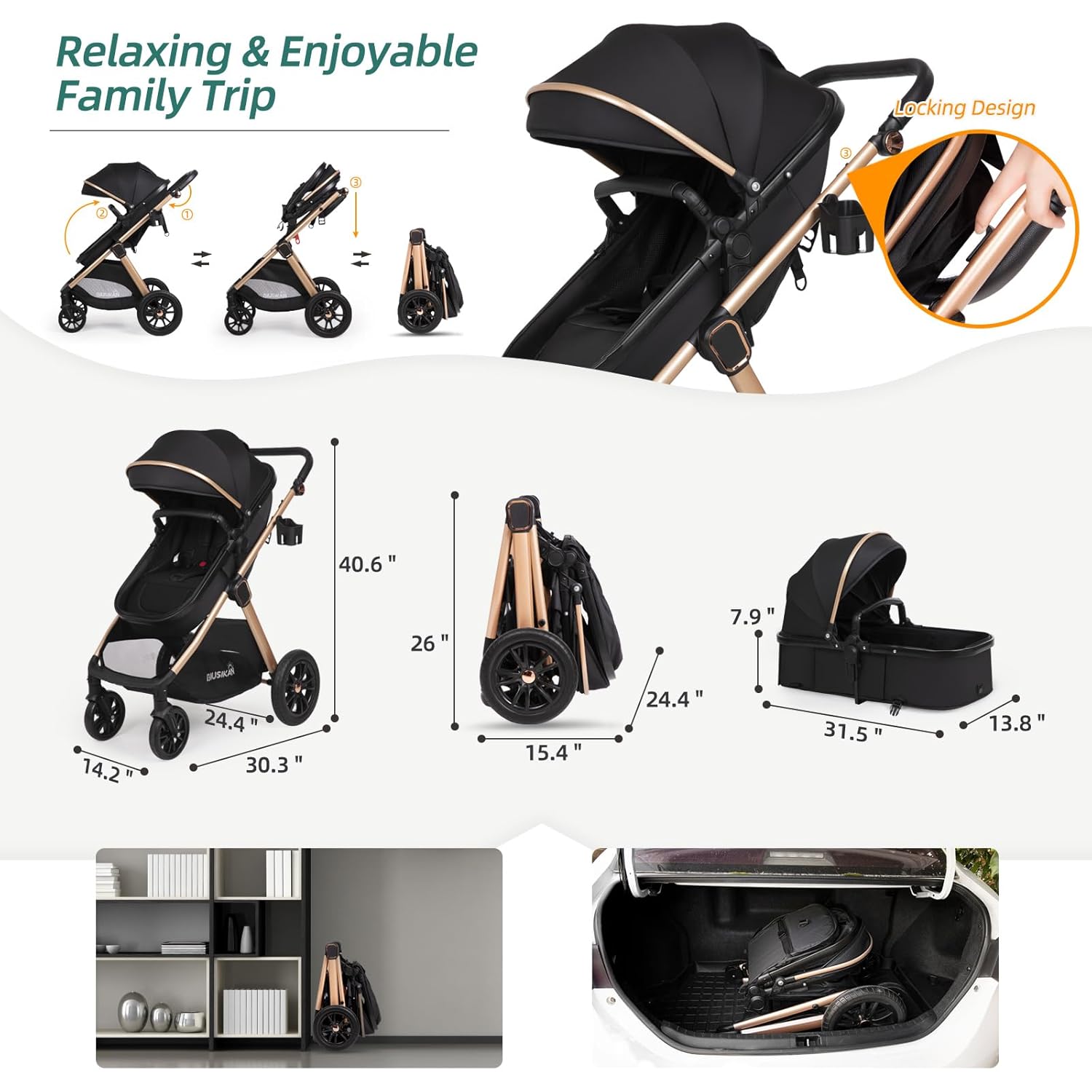 6-in-1 Convertible Baby Stroller with Bassinet Pushchair - Folding Infant Newborn Stroller w/Footmuff, Rain Cover, Cup Holder & Large Storage, Toddler w/All-Scene Large Wheels, Reversible Seat(Black) - Image 7
