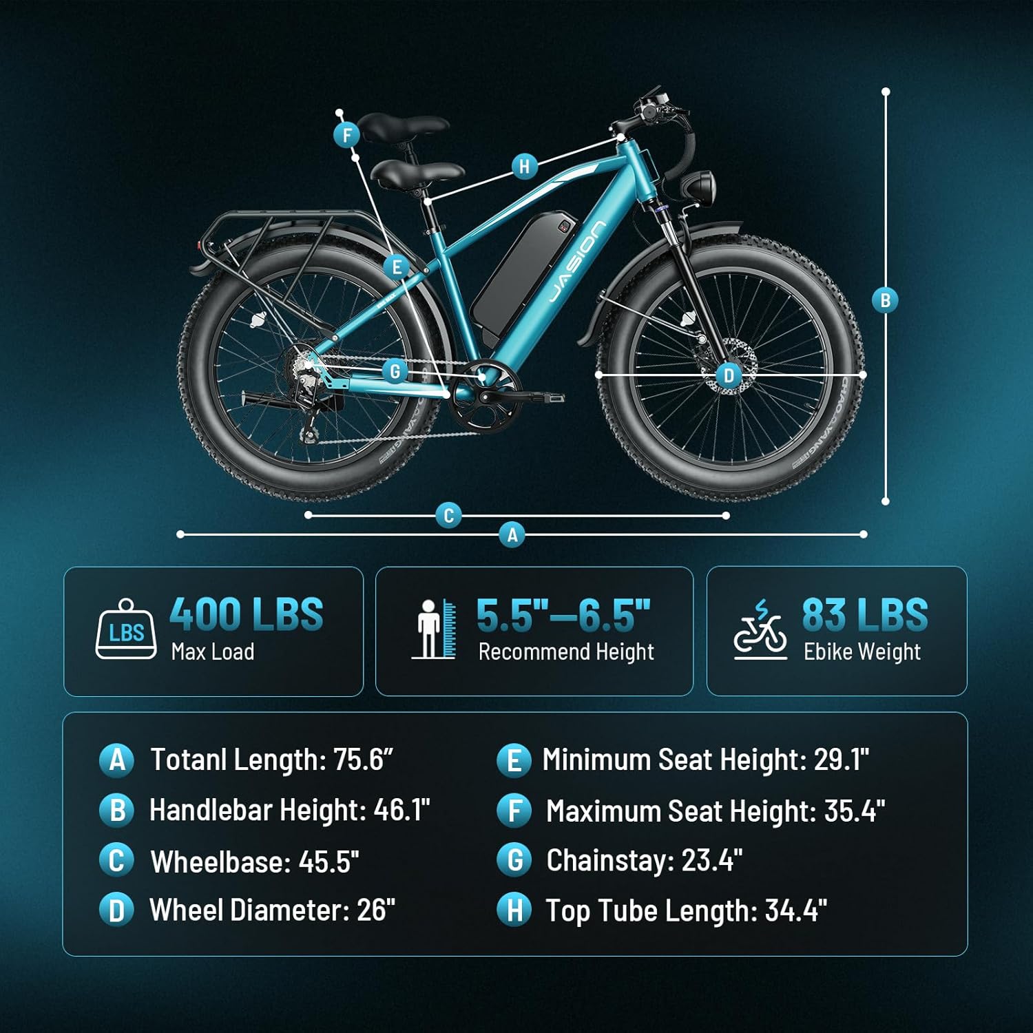 Jasion EB5 MAX Electric Bike for Adults with 1500W Peak Motor, 48V 15Ah (720Wh) Battery Electric Mountain Bike, 26'' x 4'' Fat Tire Ebike, 28+MPH Speed, Cruise Control, with Fenders, Rear Rack - Image 7