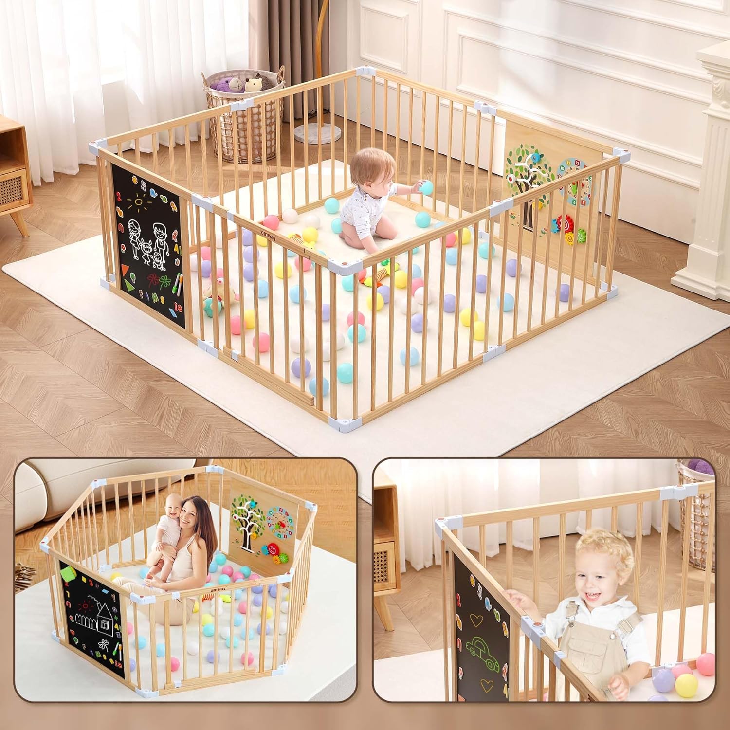 All-in-one Wood Baby Playpen with Door, Adjustable Wooden Play Fence with Magnetic Dual-Sided Chalkboard, Whiteboard & Montessori Activity Toys, Expandable Activity Center Safe Playard for Babies 3M+ - Image 7