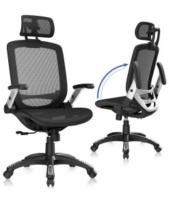 GABRYLLY Ergonomic Office Chair, High Back Home Desk Chair with Headrest, Flip-Up Arms, 90-120° Tilt Lock and Wide Cushion, Big and Tall Mesh Chairs for Man Woman, Black Task Chair