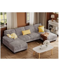 Furmax Sectional Couches for Living Room, U-Shaped Sofa Couch with Linen Fabric, 4 Seat Sofa Set with Double Chaise for Apartment (Fabric, Grey)