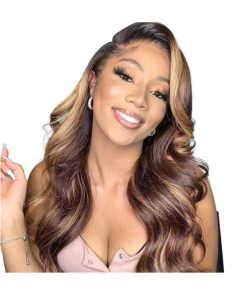 Wigs for Women 180% Highlight Wig Human Hair Body Wave Lace Wigs Ombre Brown Colored Human Wigs Transparent Lace Preplucked Hairline Wig For Women Wig for Daily Party Use ( Color : 13x4 Lace Wig , Size 16 20 24 28
