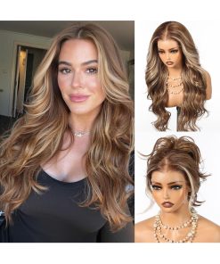 HAIRCUBE 13×6 Glueless Lace Front Wavy Wig, 24 26 28 Inch Lace Synthetic Wigs for Women Ash Brown Color