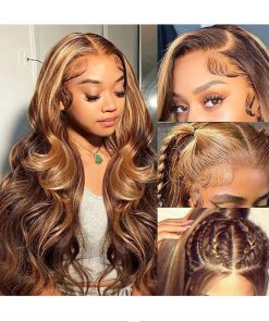 Honey Blonde Ombre Lace Front Wig Human Hair Highlight Wig Human Hair 4/27 Colored Body Wave HD Lace Front Wigs Human Hair Pre Plucked with Baby Hair Frontal Wigs for Women 180% Density 28 Inch