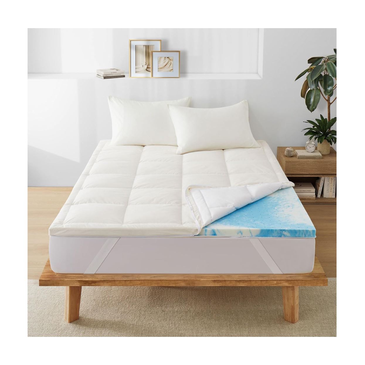 Peace Nest White Goose Feather Bed Fitted Mattress Topper with 100% Organic Cotton Cover Hybrid - 2.5 Inch (Enhanced Support) Queen