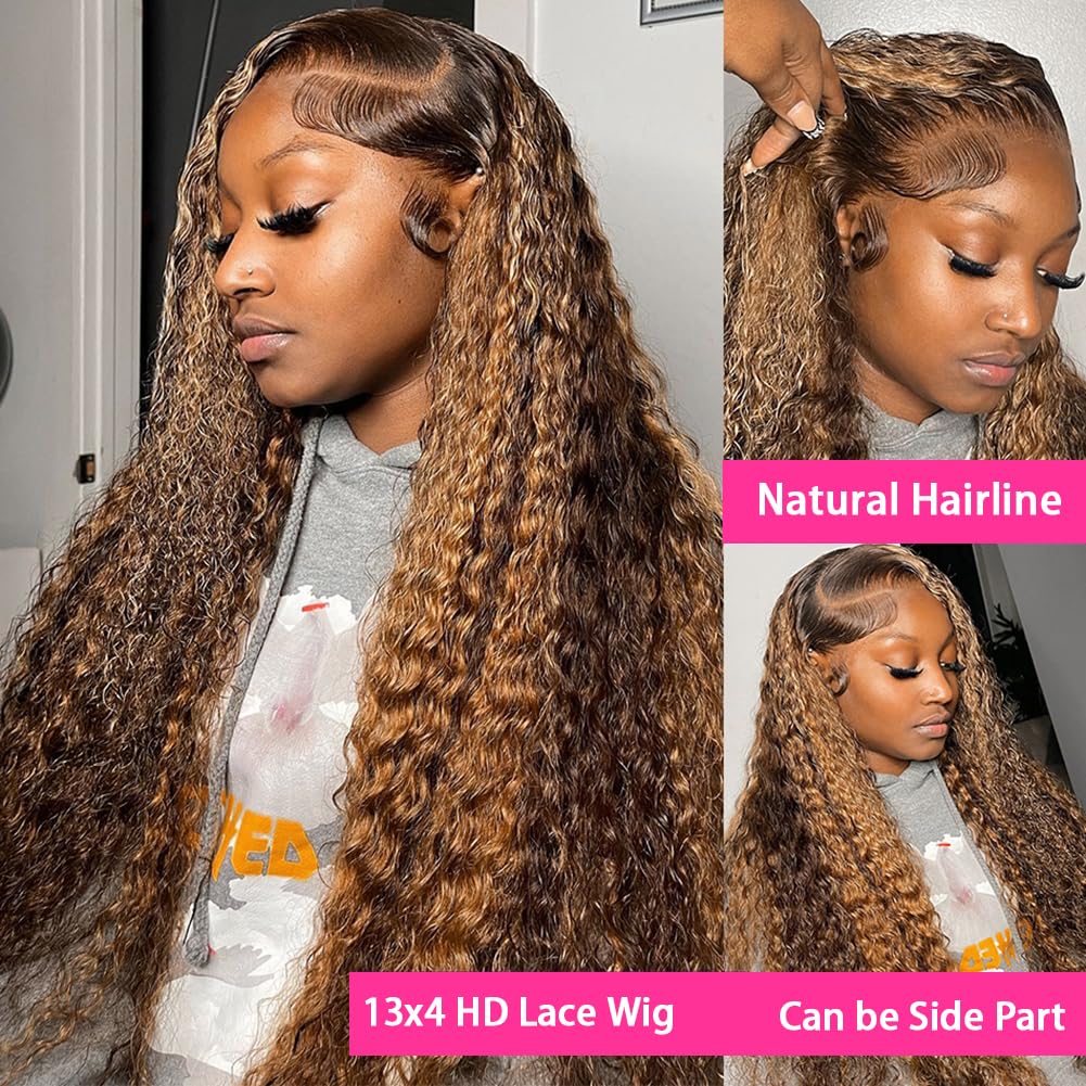 bangjazz 13x4 Deep Wave Lace Front Wigs Human Hair Highlight Ombre 13x4 HD Transparent Lace Frontal Wigs Human Hair 180% Density P4/27 Colored Glueless Curly Wigs for Black Women 16 Inch - Image 3