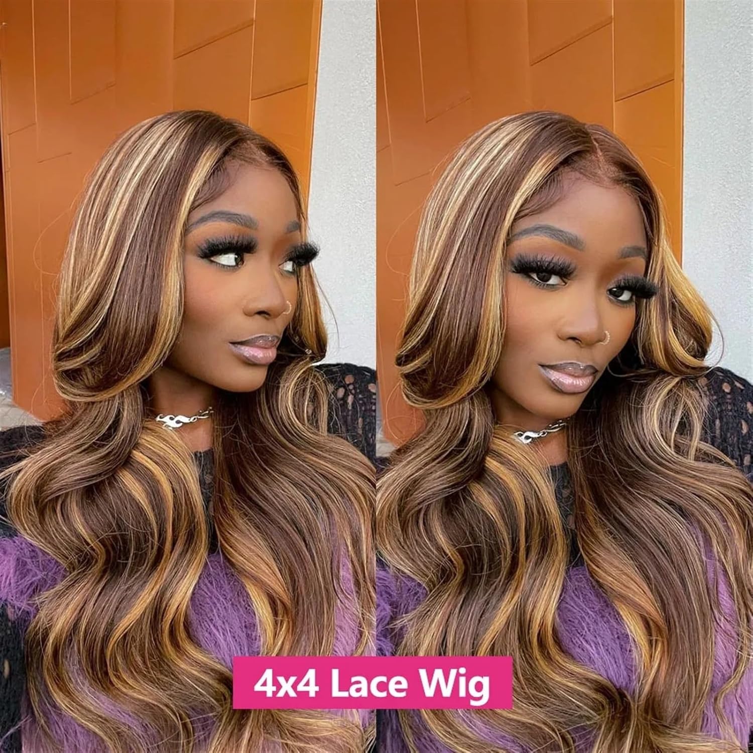 Wigs for Women 180% Highlight Wig Human Hair Body Wave Lace Wigs Ombre Brown Colored Human Wigs Transparent Lace Preplucked Hairline Wig For Women Wig for Daily Party Use ( Color : 13x4 Lace Wig , Size 16 20 24 28 - Image 4