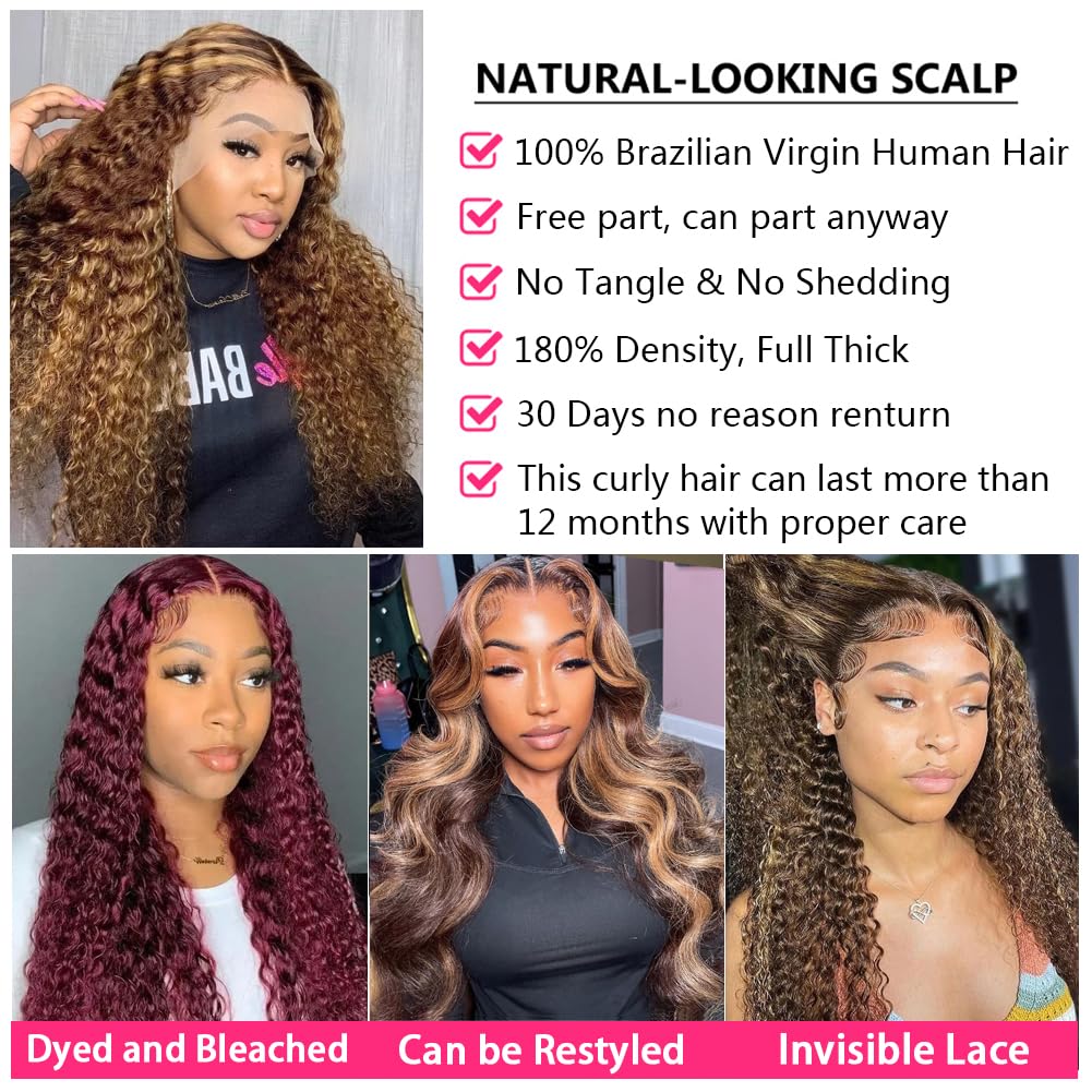 bangjazz 13x4 Deep Wave Lace Front Wigs Human Hair Highlight Ombre 13x4 HD Transparent Lace Frontal Wigs Human Hair 180% Density P4/27 Colored Glueless Curly Wigs for Black Women 16 Inch - Image 4