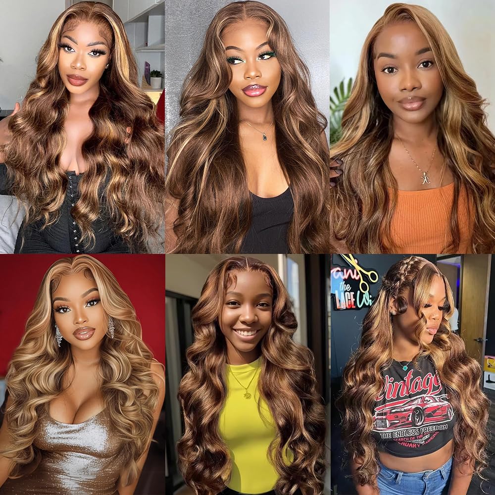 Honey Blonde Ombre Lace Front Wig Human Hair Highlight Wig Human Hair 4/27 Colored Body Wave HD Lace Front Wigs Human Hair Pre Plucked with Baby Hair Frontal Wigs for Women 180% Density 28 Inch - Image 6