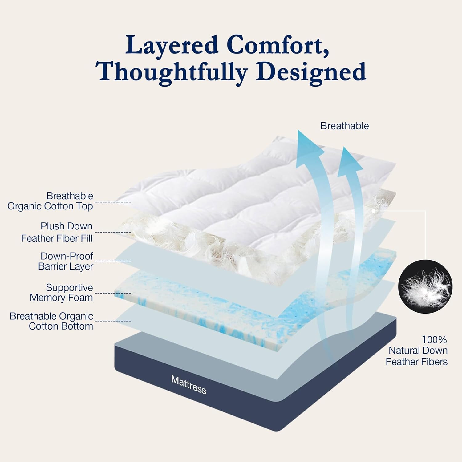 Peace Nest White Goose Feather Bed Fitted Mattress Topper with 100% Organic Cotton Cover Hybrid - 2.5 Inch (Enhanced Support) Queen - Image 6