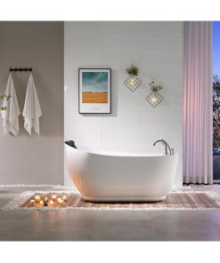 Empava 67 inch Acrylic Freestanding Whirlpool Bathtub with Hydromassage Gracefully Oval Shaped Adjustable Water Jets Soaking SPA, Single-Ended Massage Bathtubs with Black Pillow, ETL Certified, White