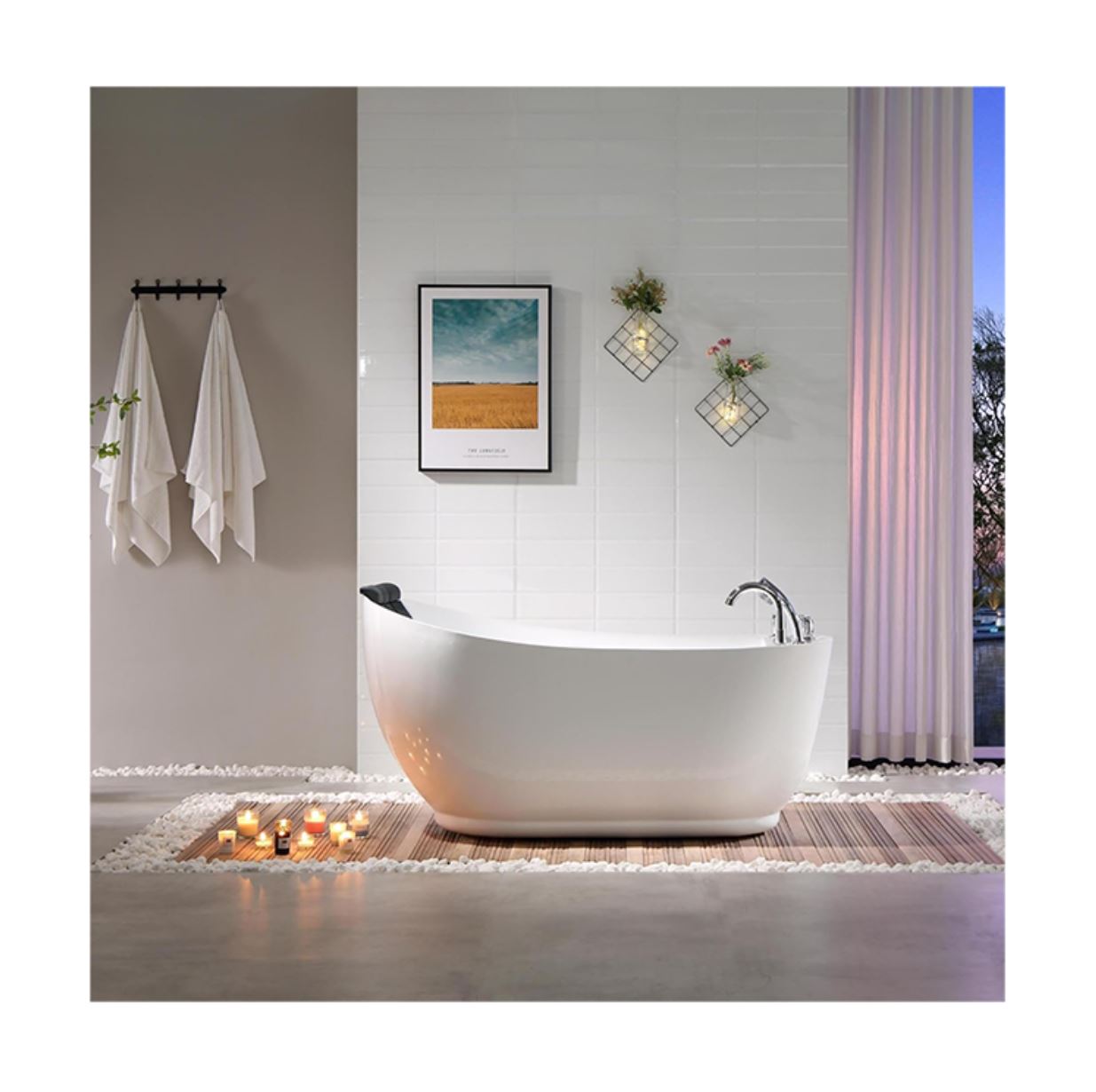 Empava 67 inch Acrylic Freestanding Whirlpool Bathtub with Hydromassage Gracefully Oval Shaped Adjustable Water Jets Soaking SPA, Single-Ended Massage Bathtubs with Black Pillow, ETL Certified, White