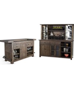 Home Bar and Storage Buffet Cabinet with Hutch in Tobacco Leaf 2 Piece Set