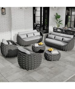 Lanai Outdoor Furniture Sofa Set: 6-Piece Aluminum Woven Rope Patio Conversation Set w/Table - Modern Cushions Couch Set - No Assembly Porch Seating for Deck Yard Garden Pool Hotel Resort