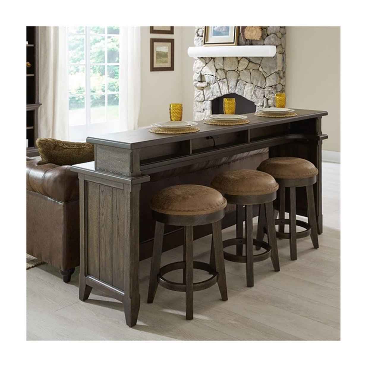 Pemberly Row 4 Piece Set of Console Bar Table & 3 Uph Console Stools in Brown