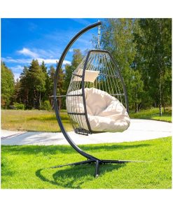 Barton Premium Egg Chair Egg Style Hanging Chair Cream w/Deep Cushion Soft Relaxing Luxury Outdoor Indoor Patio Bedroom Hanging Swinging