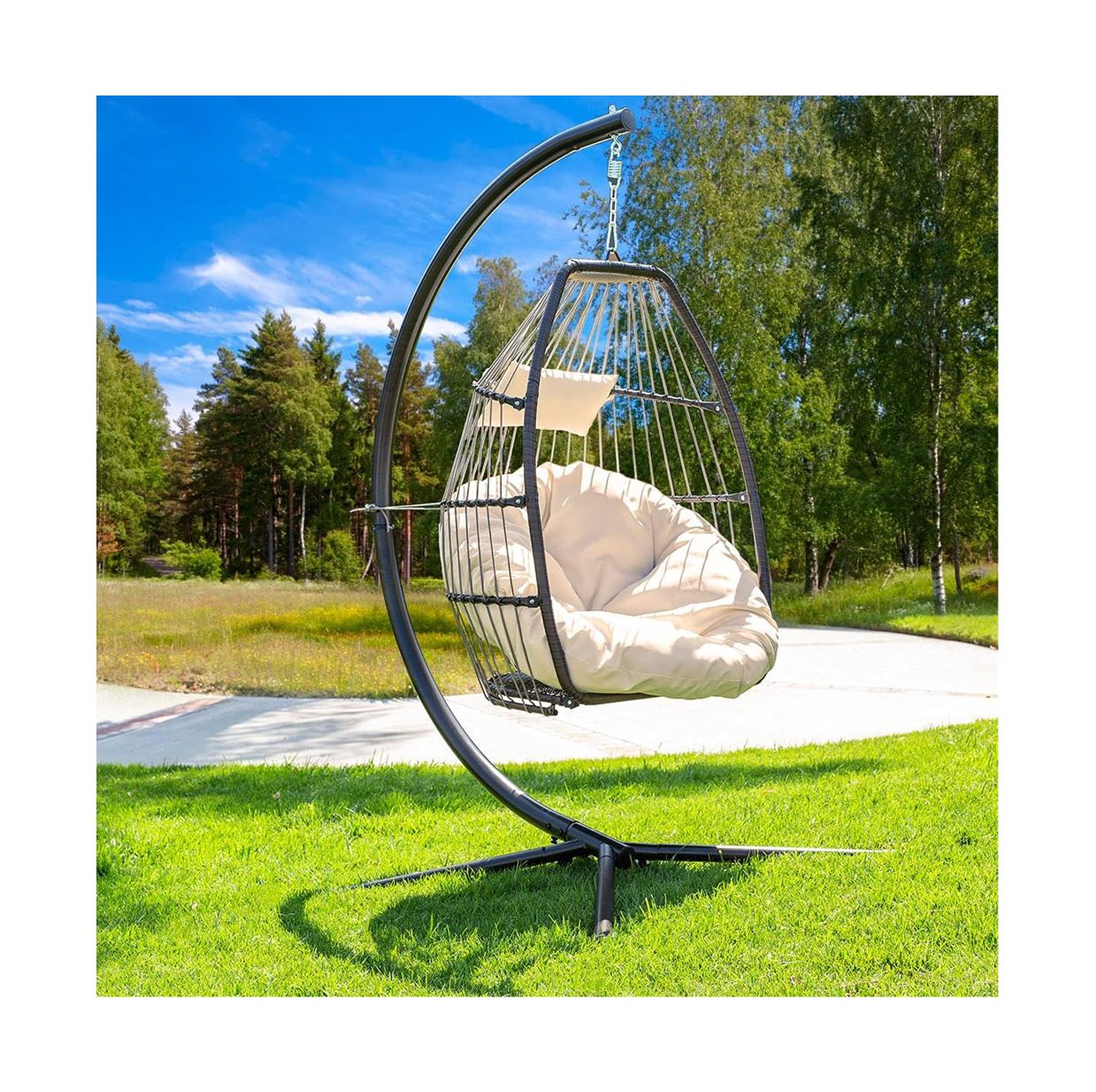 Barton Premium Egg Chair Egg Style Hanging Chair Cream w/Deep Cushion Soft Relaxing Luxury Outdoor Indoor Patio Bedroom Hanging Swinging