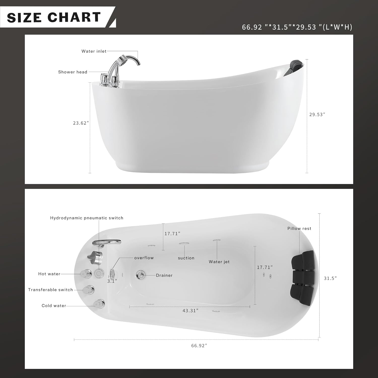 Empava 67 inch Acrylic Freestanding Whirlpool Bathtub with Hydromassage Gracefully Oval Shaped Adjustable Water Jets Soaking SPA, Single-Ended Massage Bathtubs with Black Pillow, ETL Certified, White - Image 2