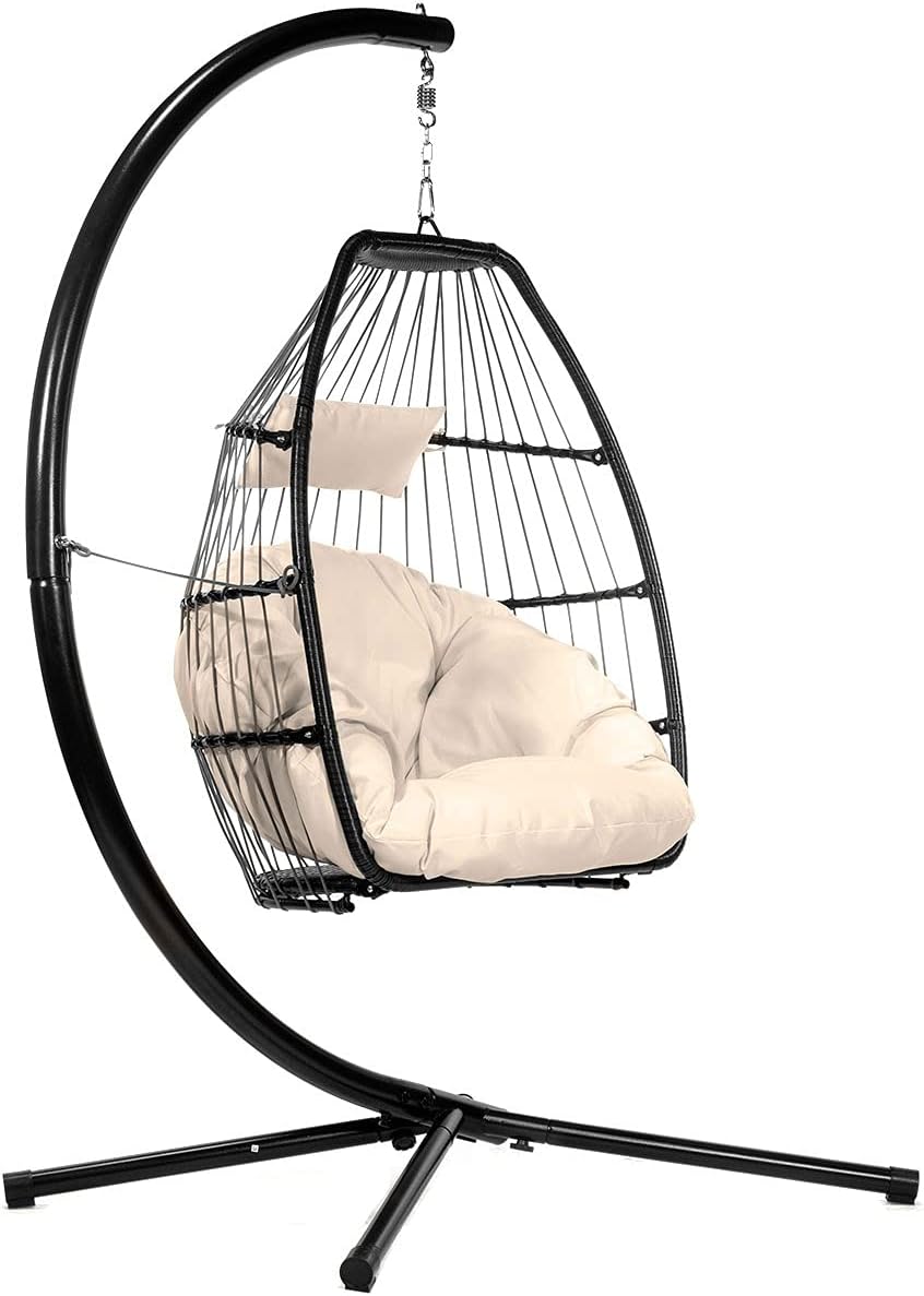 Barton Premium Egg Chair Egg Style Hanging Chair Cream w/Deep Cushion Soft Relaxing Luxury Outdoor Indoor Patio Bedroom Hanging Swinging - Image 2
