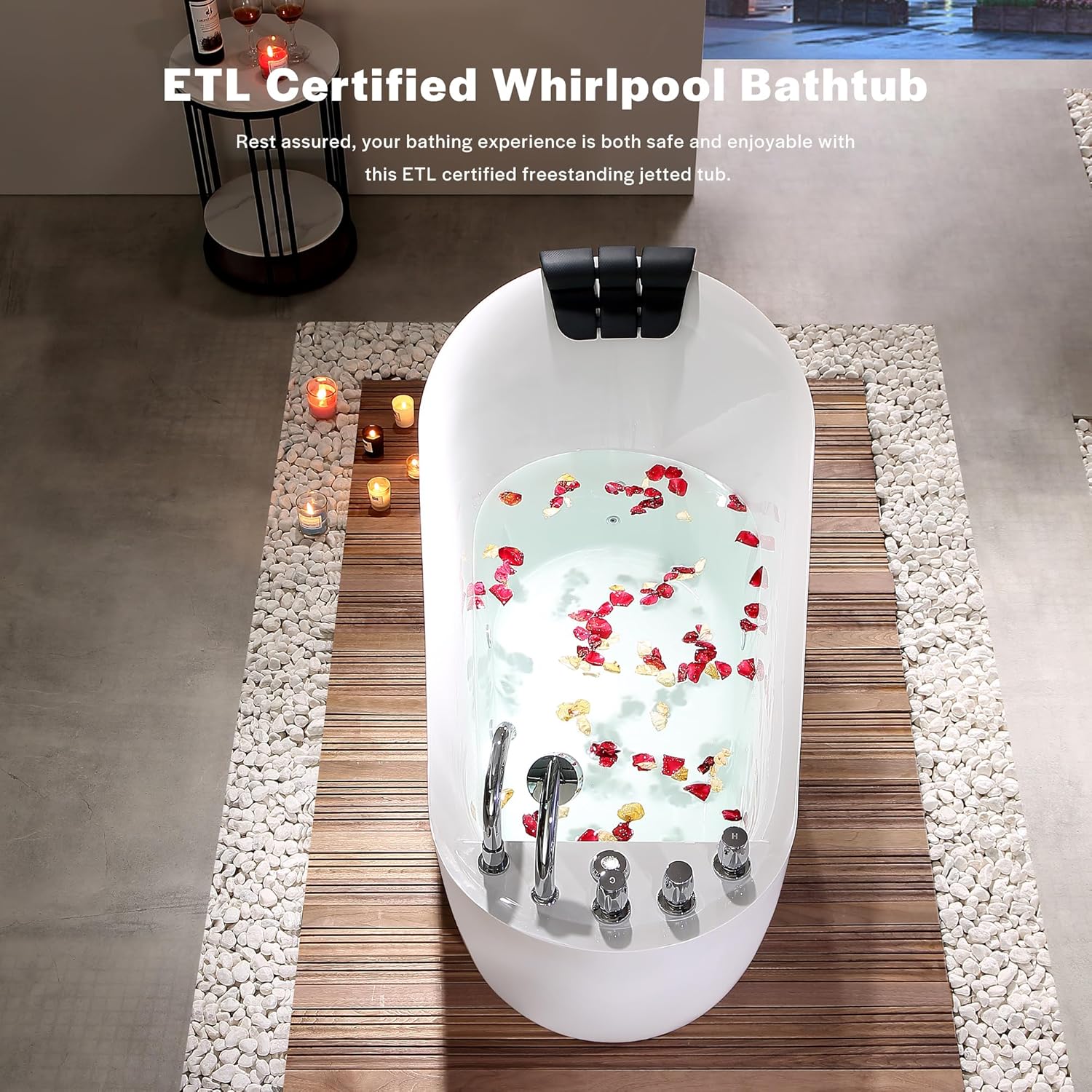 Empava 67 inch Acrylic Freestanding Whirlpool Bathtub with Hydromassage Gracefully Oval Shaped Adjustable Water Jets Soaking SPA, Single-Ended Massage Bathtubs with Black Pillow, ETL Certified, White - Image 3