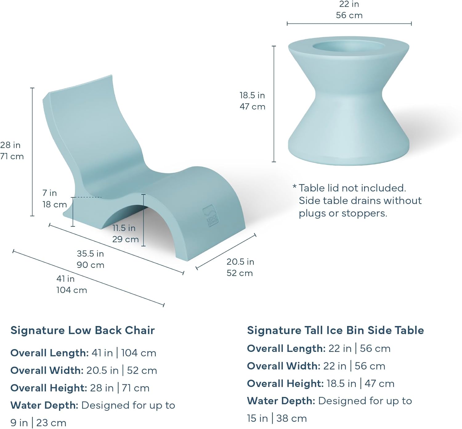 Ledge Lounger Signature Lowback Chair Set - Two Chairs - Ice Bin Side Table - in-Pool - On-Deck - Water Depths 0-9” - All Types - Resin Water Chairs - Pool, Sundeck, Outdoor Patio, No Lid Included - Image 3