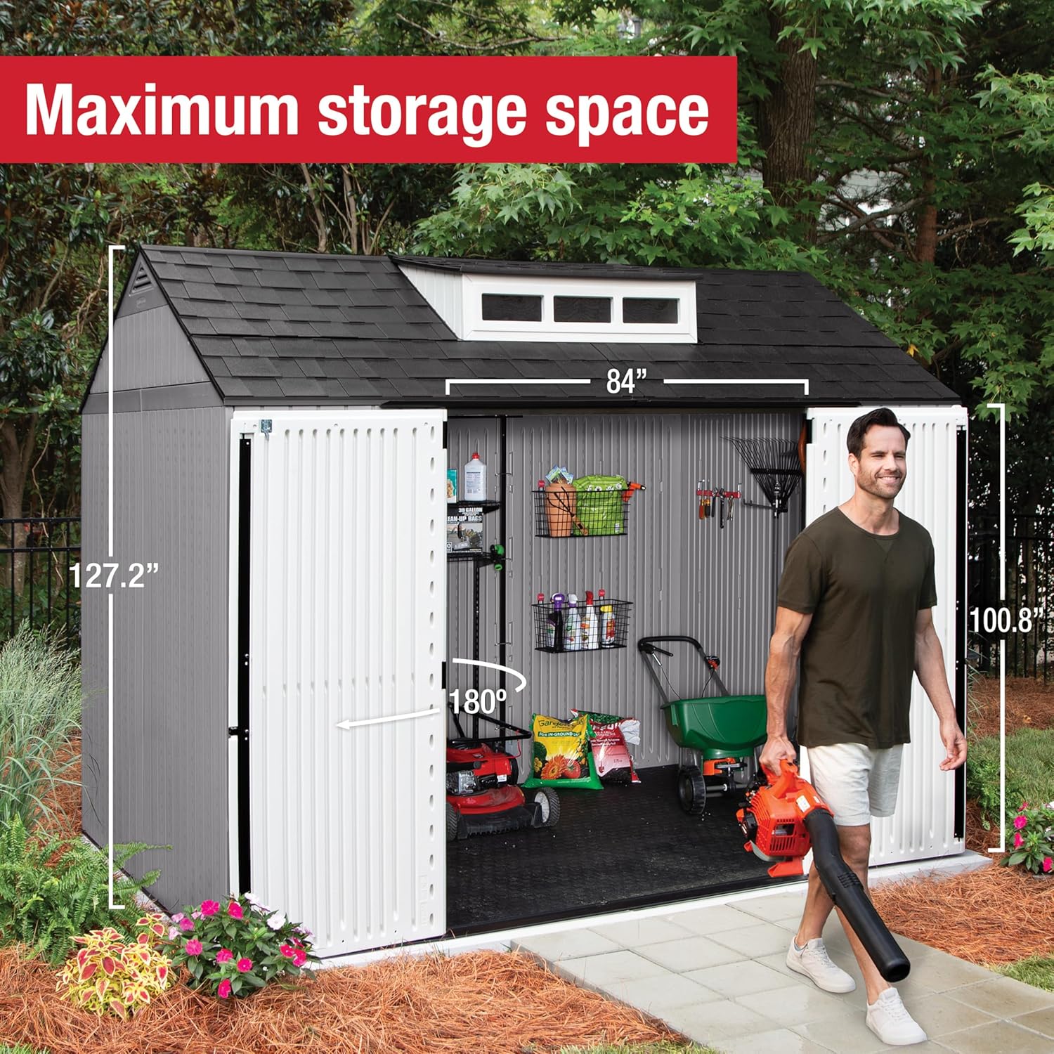 Rubbermaid Extra Large Resin Outdoor Storage Shed With Floor (7 x 10 Ft.), Weather Resistant, Brown, Organization for Home/Lawn Mower/Backyard Equipment/Bike Storage/Pool Supplies - Image 5