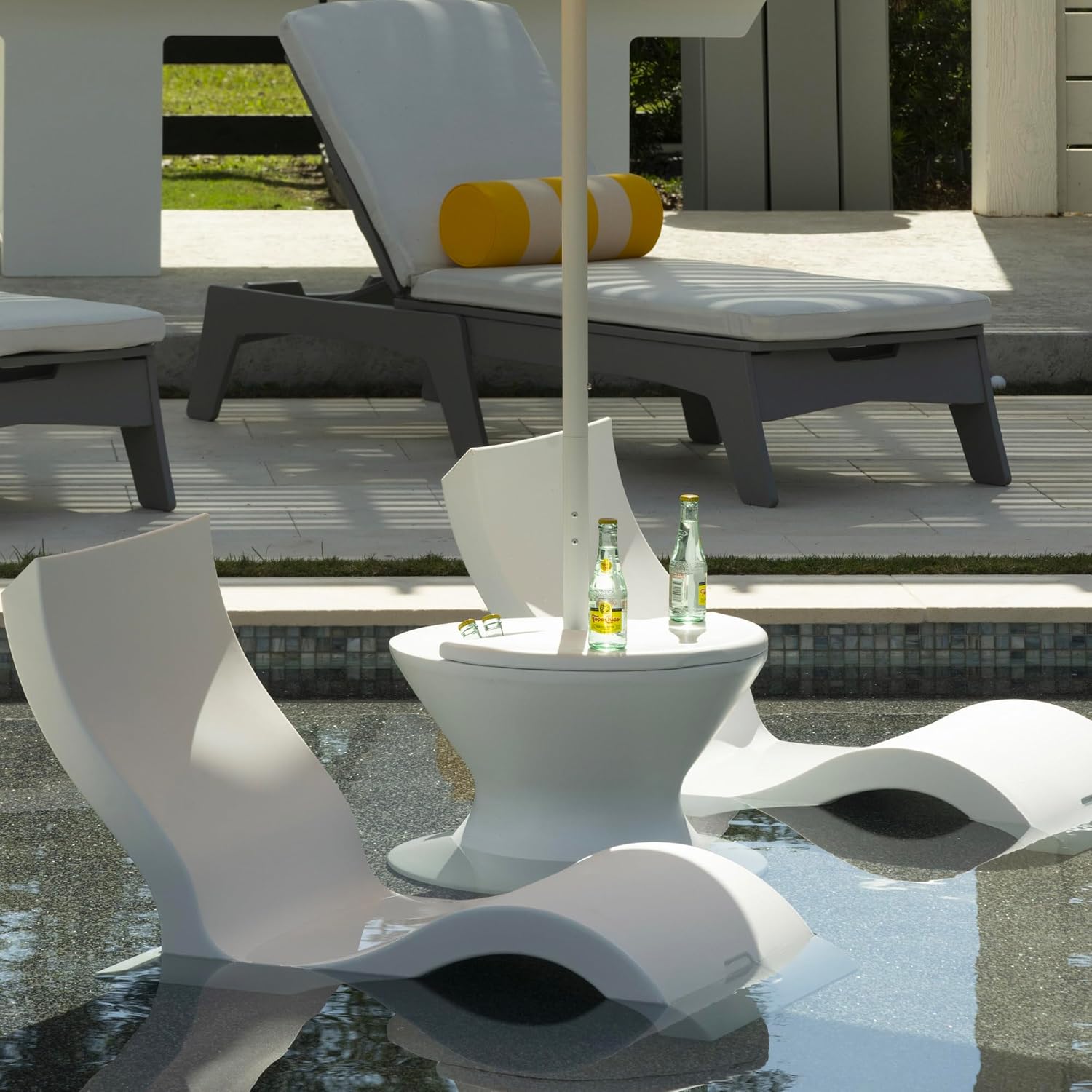 Ledge Lounger Signature Lowback Chair Set - Two Chairs - Ice Bin Side Table - in-Pool - On-Deck - Water Depths 0-9” - All Types - Resin Water Chairs - Pool, Sundeck, Outdoor Patio, No Lid Included - Image 5