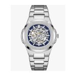 Men's Automatic Mechanical Watch, Skeleton, Blue Dial, Silver Stainless Steel Case and Strap, Waterproof, Luminous Hands, Minimalist Business Style