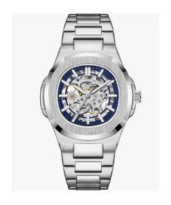 Men's Automatic Mechanical Watch, Skeleton, Blue Dial, Silver Stainless Steel Case and Strap, Waterproof, Luminous Hands, Minimalist Business Style